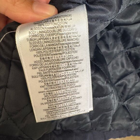 BCBGeneration Navy Blue Hooded Faux Fur Trim Anorak Parka Coat Large - Picture 10 of 10